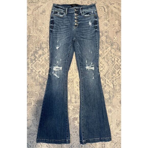Judy Blue Mid Rise Trouser Flare Button Fly Jeans Size 7/28 Medium Wash Denim - Picture 1 of 10